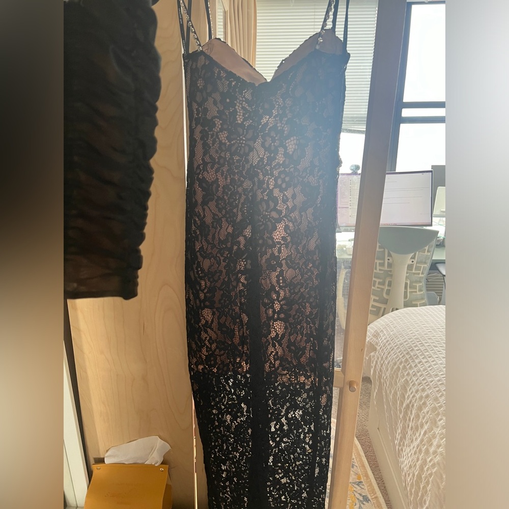 Self Portrait Black Lace Rhinestone Embellished Shoulder Strap Long Dress NWOT - Picture 11 of 14